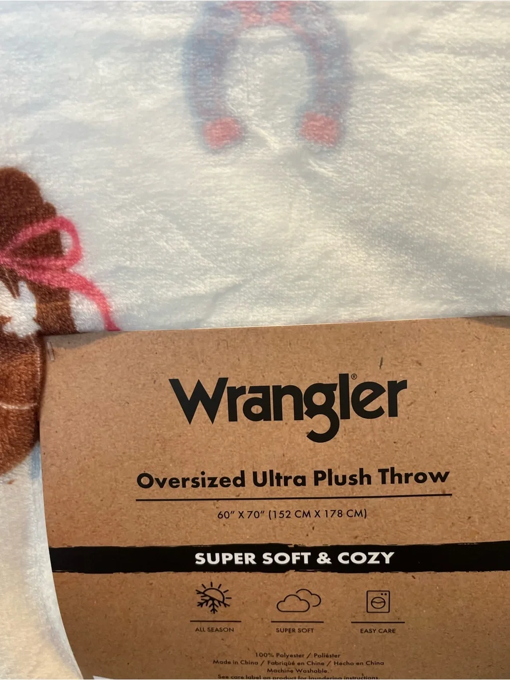 Wrangler Oversized Plush Throw Blanket- Pink & Brown Western Cowboy Boots